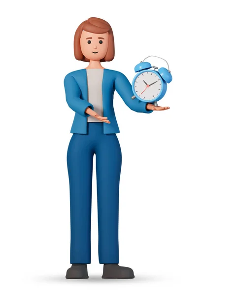 Woman Character Holding Alarm Clock Isolated White Background Business Concept — Stockfoto