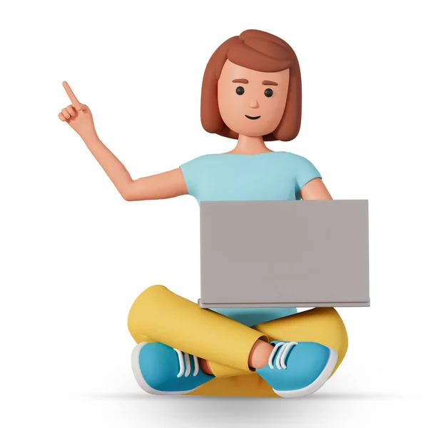 stock image Woman sitting in lotus pose hold laptop and pointing to one direction 3d illustration isolated on white. Business concept 3d illustration with young female holding laptop and pointing somewhere