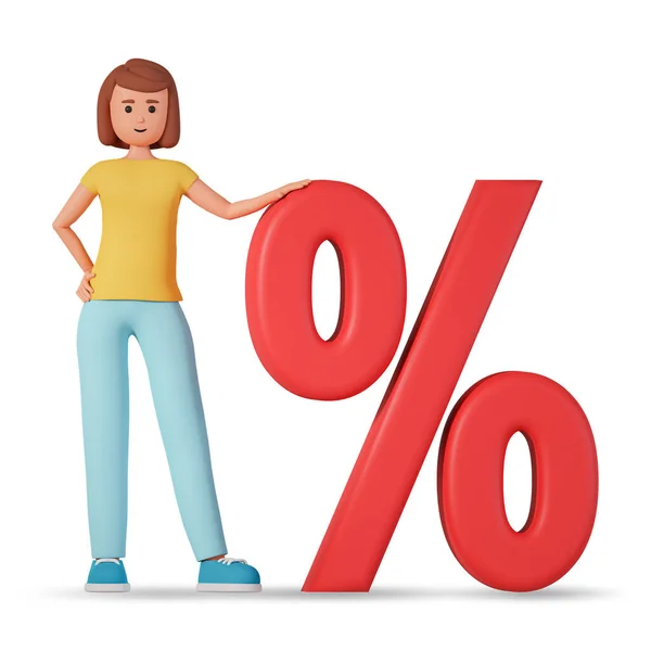 3d illustration with woman character holding percent sign isolated on white background. Young female character holding percentage 3d illustration