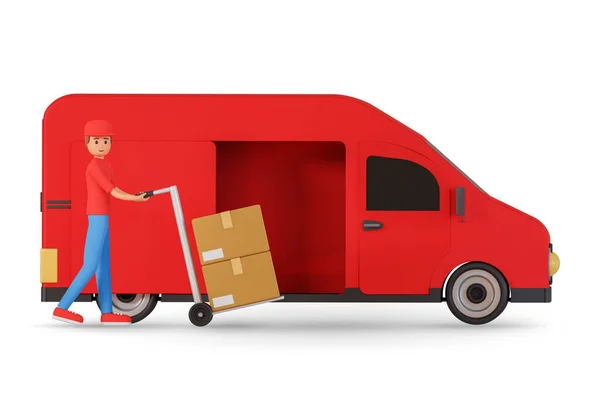 Ταχυδρόμος Άνθρωπος Πιέζει Handcart Κουτιά Κοντά Στο Κόκκινο Φορτηγό Van — Φωτογραφία Αρχείου