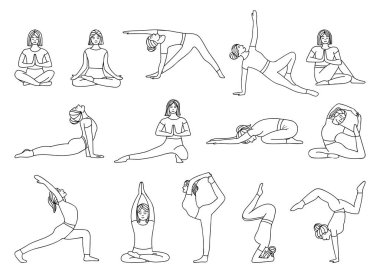 Yoga karalama çizimleri seti oluşturur. Farklı pozlarda yoga yapan kadınların el çizimleri koleksiyonu.