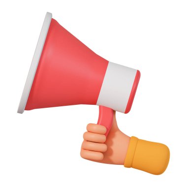 3D el tutuşu hoparlör çizimi beyaz arka planda izole edildi. Çizgi film el ele tutuşması büyük hoparlör 3D illüstrasyon beyaz arka planda izole.