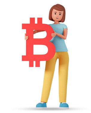 Genç kadın karakter Bitcoin kripto 3D resimlerini beyaz arka planda tutuyor. Yetişkin kız beyaz arka planda bitcoin sembolü 3D illüstrasyon tutuyor 