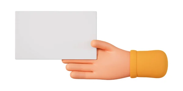 漫画の人間の手は白い背景に隔離されたコピースペースの3Dイラストと空の紙カードを保持します コピースペース付き3Dハンドホールド紙 — ストック写真