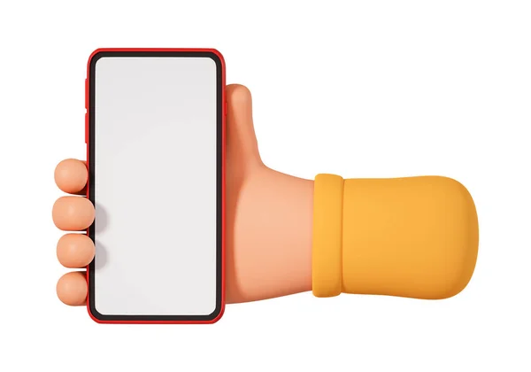 Cartoon Human Hand Hold Mobile Phone Illustration Isolated White Background — Stock Photo, Image
