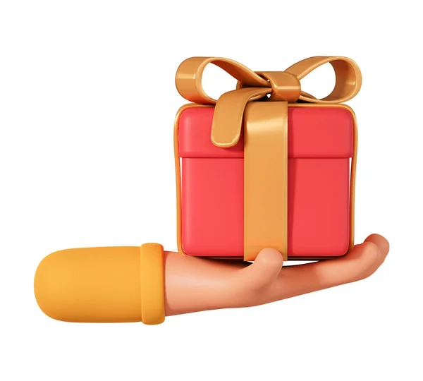 卡通手拿着红色礼品盒 上面有金色的蝴蝶结和缎带 带3D手持式礼盒图解的节日概念 — 图库照片