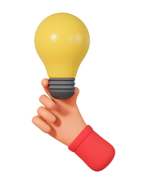 Cartoon hand hold light bulb 3d illustration isolated on white background. Creativity and art concept with 3d hand hold light bulb illustration