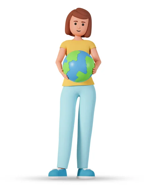 3d woman character holding earth globe in her hands front view isolated on white background. Environmental concept with woman holding planet earth globe 3d illustration