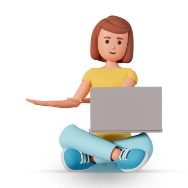 Lotus 'ta oturan kadın dizüstü bilgisayarı tutuyor ve elleri açık bir şekilde 3D resimlerini gösteriyor. Genç bir bayanın dizüstü bilgisayarını tuttuğu ve kenarı işaret ettiği iş konsepti.