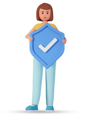 3d woman character holding shield with check mark isolated on white background. Young female hold shield 3d illustration