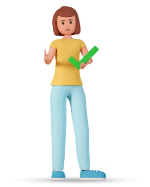 Kontrol işareti taşıyan ve beyaz arka planda izole edilmiş parmak izi gösteren bir kadın. İşaretli, başparmağını kaldıran 3D kadın karakter.