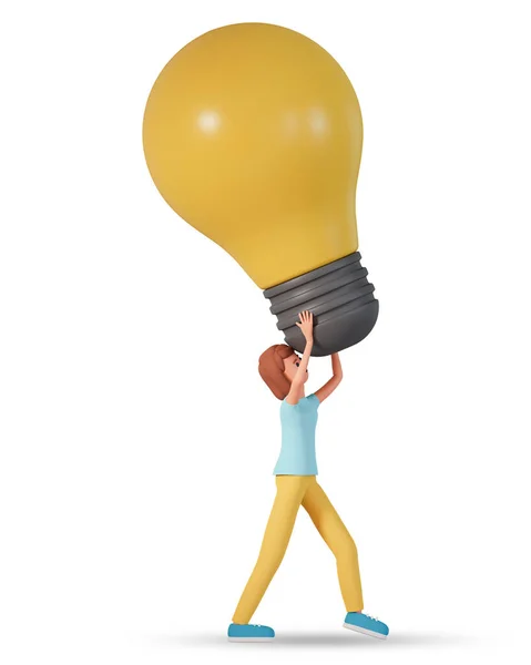 stock image 3D illustration of a woman holding giant light bulb. Young woman with big light bulb creating new good ideas or thoughts 3d illustration isolated on white background.