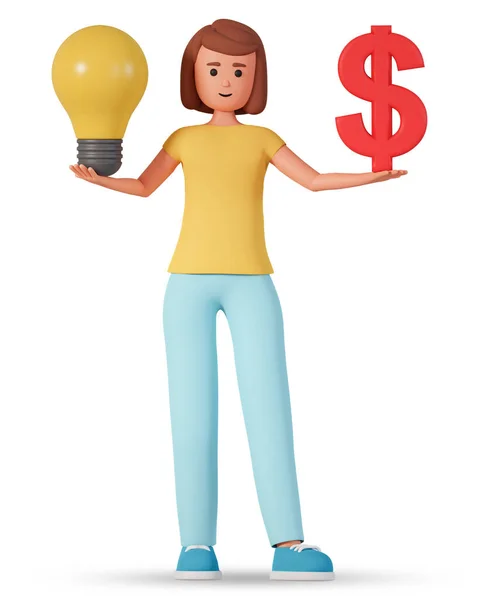 Young woman holding light bulb in one hand and dollar sign in another hand 3d illustration. Business and finance creative concept with 3d woman character holding dollar and light bulb