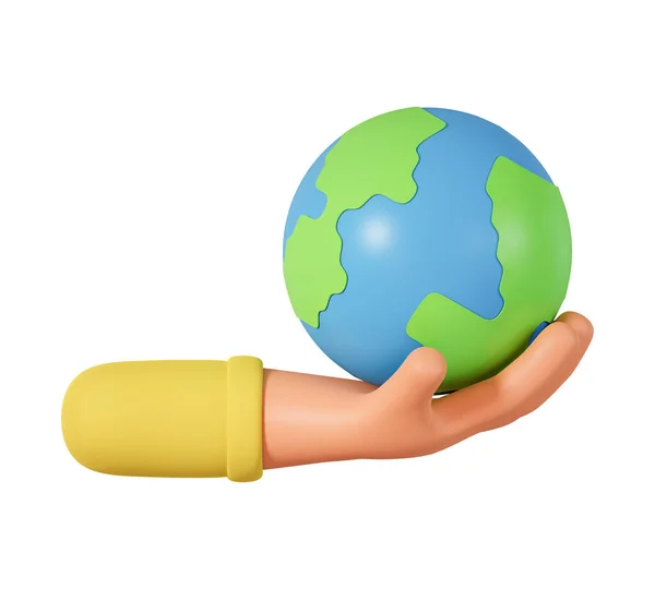 Cartoon hand holding earth globe 3d illustration isolated on white background. Ecologoy concept with 3d hand holding earth globe