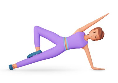 Elinin üzerinde duran genç kadın yoga egzersizi yapıyor. 3D çizim yapıyor. Yetişkin bir kız, elinde yoga standı egzersizi yapıyor. Beyaz arka planda izole edilmiş 3D çizim.