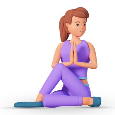 Kadın yoga egzersizi yapıyor. Bacakları esneyerek oturuyor ve beyaz arka planda izole edilmiş üç boyutlu resimde el ele tutuşuyor. Yoga meditasyon egzersizi yapan genç kadın 3 boyutlu illüstrasyon yapıyor.