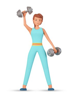 Sportif giyinen genç bir kadın beyaz arka planda izole haldeki halterlerle spor egzersizi yapıyor. 3D kadın karakter halterleri kullanarak spor yapıyor.