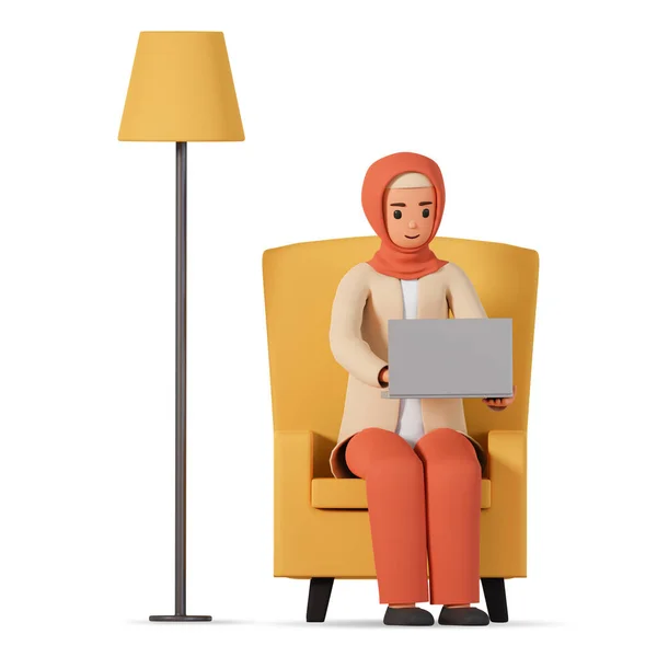 Muslim woman in hijab sitting on armchair and working on laptop 3d illustration. Business concept with young muslim woman sitting on armchair working on computer and floor lamp standing near her