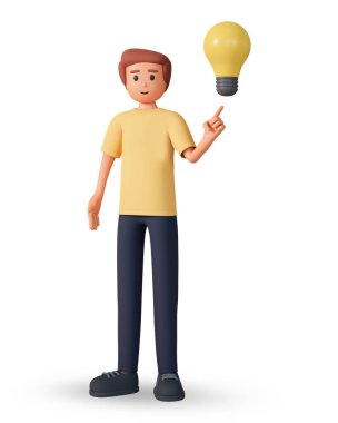 Gülümseyen bir adamın ampulü işaret edişinin 3 boyutlu çizimi. Ampullü genç adam beyaz arka planda izole edilmiş yeni iyi fikirler ya da düşünceler yaratıyor..