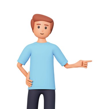 Mavi tişörtlü adamın üç boyutlu resmi beyaz arka planda izole edilmiş tarafı gösteriyor. Üç boyutlu genç erkek karakter bir şeyi işaret ediyor..