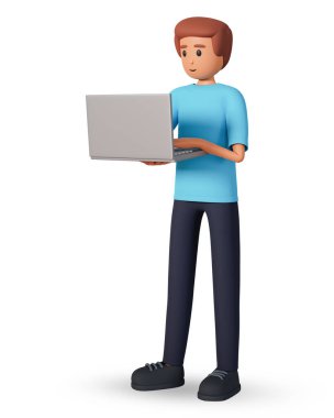 Man standing full length hold laptop 3d illustration isolated on white background. Business concept 3d illustration with young male holding laptop