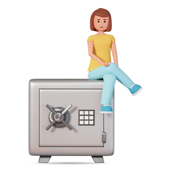 3d woman character sitting on a close safe box isolated on white background. Young woman sitting on a safe box 3d illustration