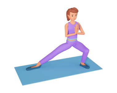 Paspas üzerinde yoga yapan bir kadın beyaz arka planda izole edilmiş 3 boyutlu resimleme perspektifinde. Yetişkin bir kız yoga egzersizi yapıyor. 3D illüstrasyonda.