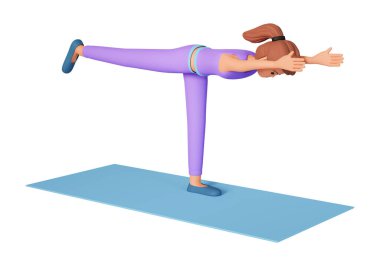 3D kadın minder üzerinde yoga egzersizi yapıyor. Yetişkin bir kız yoga egzersizi yapıyor. Beyaz arka planda izole edilmiş 3D resim.