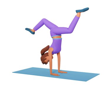 Elinin üstünde duran genç bir kadın 3 boyutlu resimde yoga egzersizi yapıyor. Yetişkin bir kız, elinde yoga standı egzersizi yapıyor. Beyaz arka planda izole edilmiş 3D çizim.