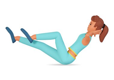 3D kadın, beyaz arka planda izole edilmiş spor egzersizleri yapıyor. Sportif kadın fitness 3D illüstrasyon yapıyor