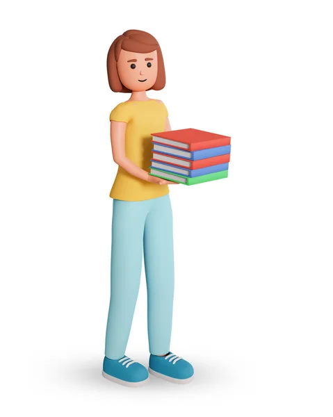 Woman holding stack of books in her hand 3d illustration isolated on white background. Adult girl carry stack of books