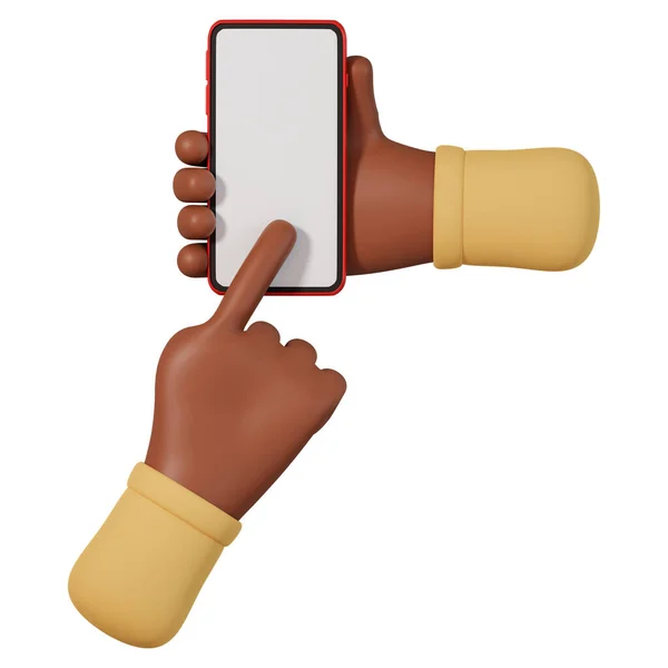 Tecknad Afrikansk Hand Hålla Mobiltelefon Och Annan Hand Klicka Skärmen — Stockfoto
