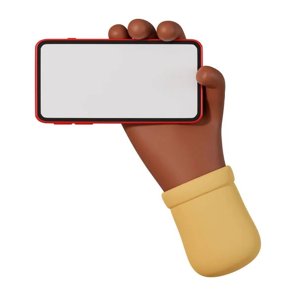 Африканская Мультипликационная Рука Держит Мобильный Телефон Горизонтально Иллюстрации Изолированы Белом — стоковое фото