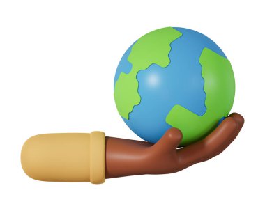 Beyaz arka planda Dünya 'nın 3D görüntüsünü tutan Afrikalı el resmi. Toprak küreyi tutan 3D koyu tenli ekolojik kavram.