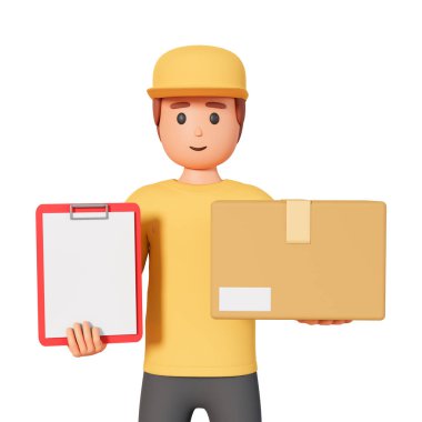 3d illustration of courier holding box and document. Logistics concept with standing courier in cap hold shipment and paper for sign