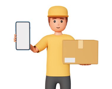 3d illustration of courier holding box and smartphone. Online delivery concept with standing courier in cap hold shipment and cell phone
