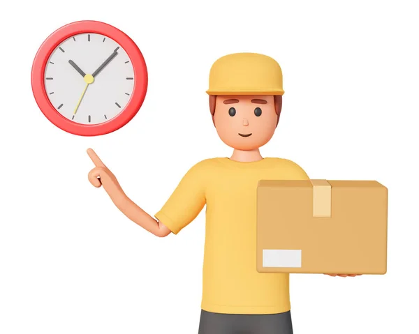 Illustration Courier Holding Box Pointing Clock Logistics Concept Standing Courier — Fotografia de Stock