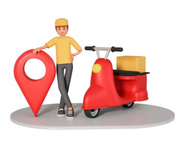3d illustration of courier stand near motor scooter and location sign. Logistics concept with delivery man in cap standing near location icon and motorcycle
