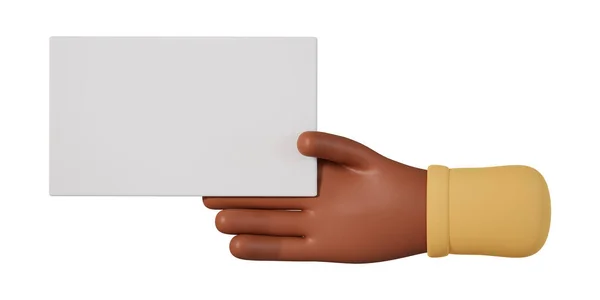 卡通非洲手拿着空白的纸卡 其复制空间为3D 背景为白色 3D带复印空间的深色手持纸 — 图库照片