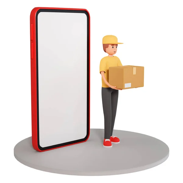 Illustration Courier Holding Box Stand Big Smartphone Online Courier Delivery — Fotografia de Stock