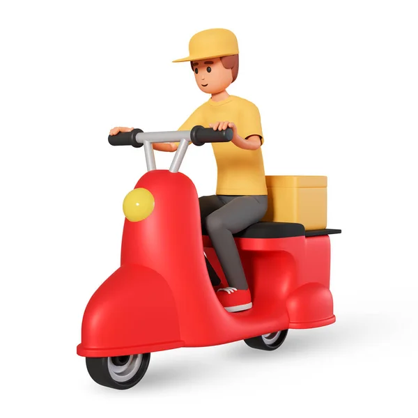 3d illustration of courier in cap driving motor scooter side view. Logistics concept with delivery man on courier motorcycle
