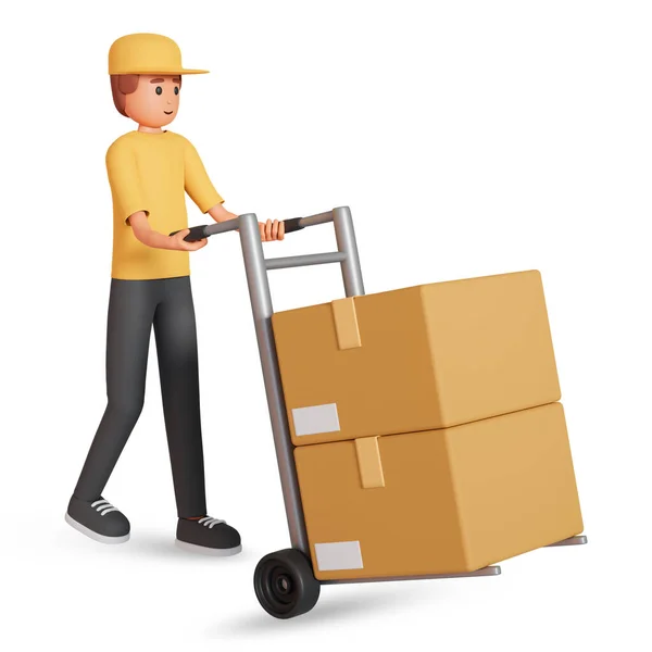 Courier Man Pushing Handcart Boxes Illustration Isolated White Background Logistics — Stock Photo, Image