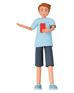 Akıllı telefon tutan ve yan tarafa bakan genç çocuk beyaz arka planda izole edilmiş 3D illüstrasyon. Tüm vücut uzunluğu telefon başında duran ve yan tarafında 3D illüstrasyon gösteren genç çocuk.