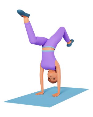 Elinin üstünde duran genç bir kadın 3 boyutlu resimde yoga egzersizi yapıyor. Yetişkin bir kız, elinde yoga standı egzersizi yapıyor. Beyaz arka planda izole edilmiş 3D çizim.