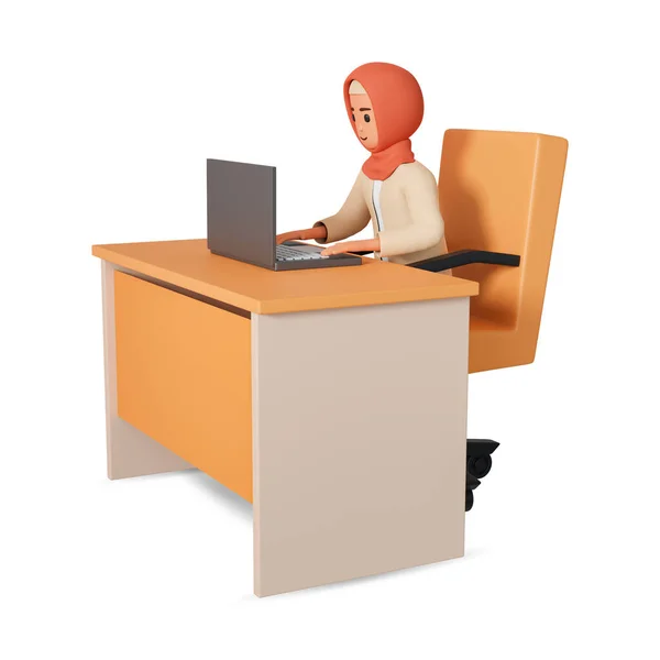 Muslim Woman Hijab Working Sitting Front Office Table Using Laptop — Stock Photo, Image