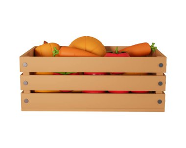 Beyaz arka planda izole edilmiş sebze dolu 3 boyutlu ahşap sandık çizimi