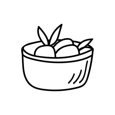 İçinde yiyecek olan, vektör olarak izole edilmiş beyaz arka plan desenli Doodle Bowl çizimi. Yemek elle çizilmiş bir kase.
