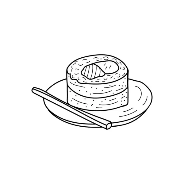 Sushi Rolle Auf Teller Und Essstäbchen Auf Teller Doodle Illustration — Stockvektor