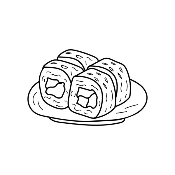 Sushi Rolls Set Plate Doodle Illustration Vector Hand Drawn Sushi — Stock Vector