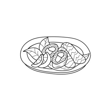 Suşi tabakta yuvarlanıyor ve vektör olarak limon karalama çizimi var. Vektörde elle çizilmiş suşi ruloları simgesi.